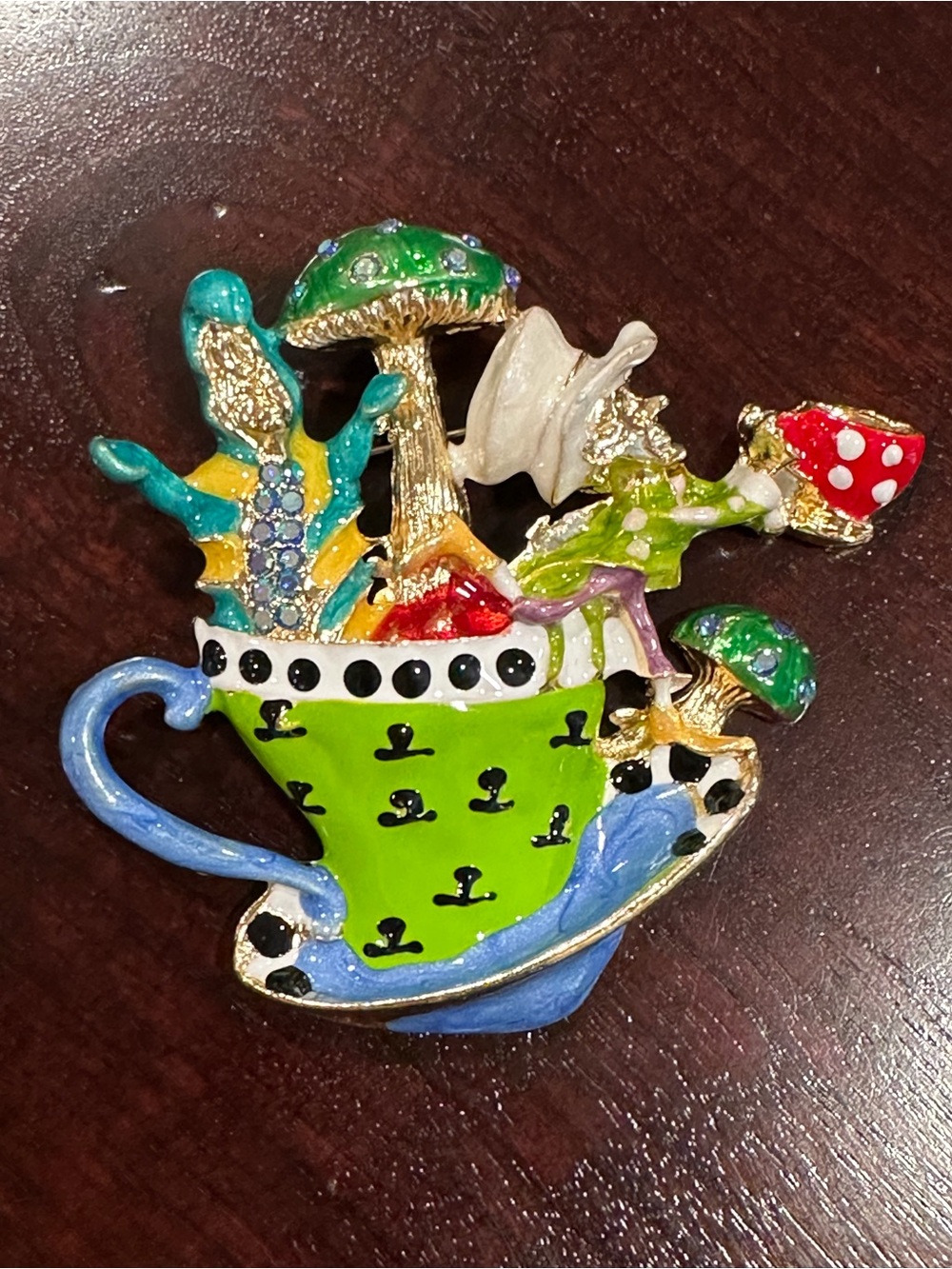 Mad Hatters Teacup Brooch in Bright Green and Blue
